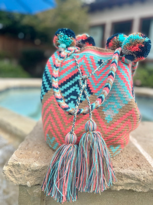 MIRA Hand woven one of a kind Colombian bag with handles and pompoms