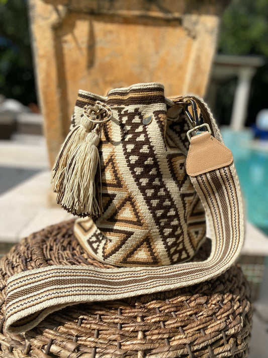 MIRA Hand woven one of a kind Colombian cross-body bag with matching removable shoulder strap drawstring closure and tassels