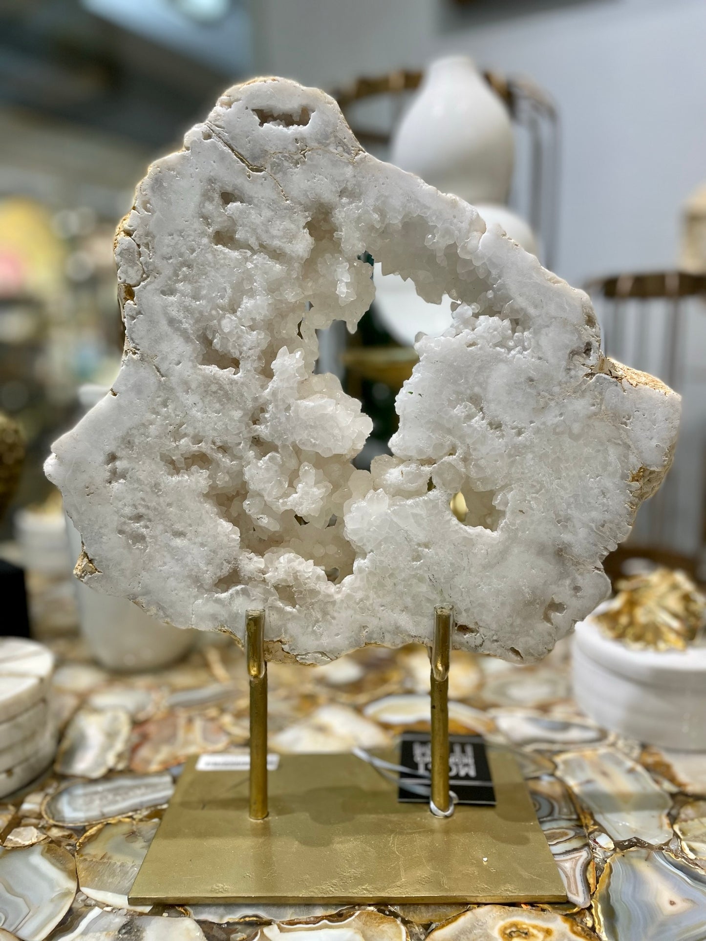 Geode - White Quartz Geode on Gold Stand